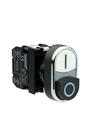 B132K21HB, Кнопка сдвоенная черно-белая выступающая с подсветкой неон (1НО+1НЗ)