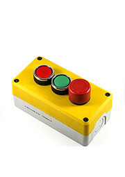 P3EC1A2BE30, Пост серо-желтый 3-х кнопочный (авар.стоп d30мм)(1НО+2НЗ)